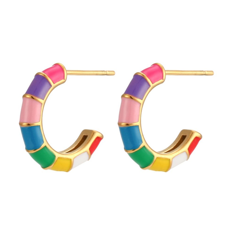 Multi Color Enamel Bamboo C Shape Hoop Huggie Earrings 18K Gold Plated Stainless